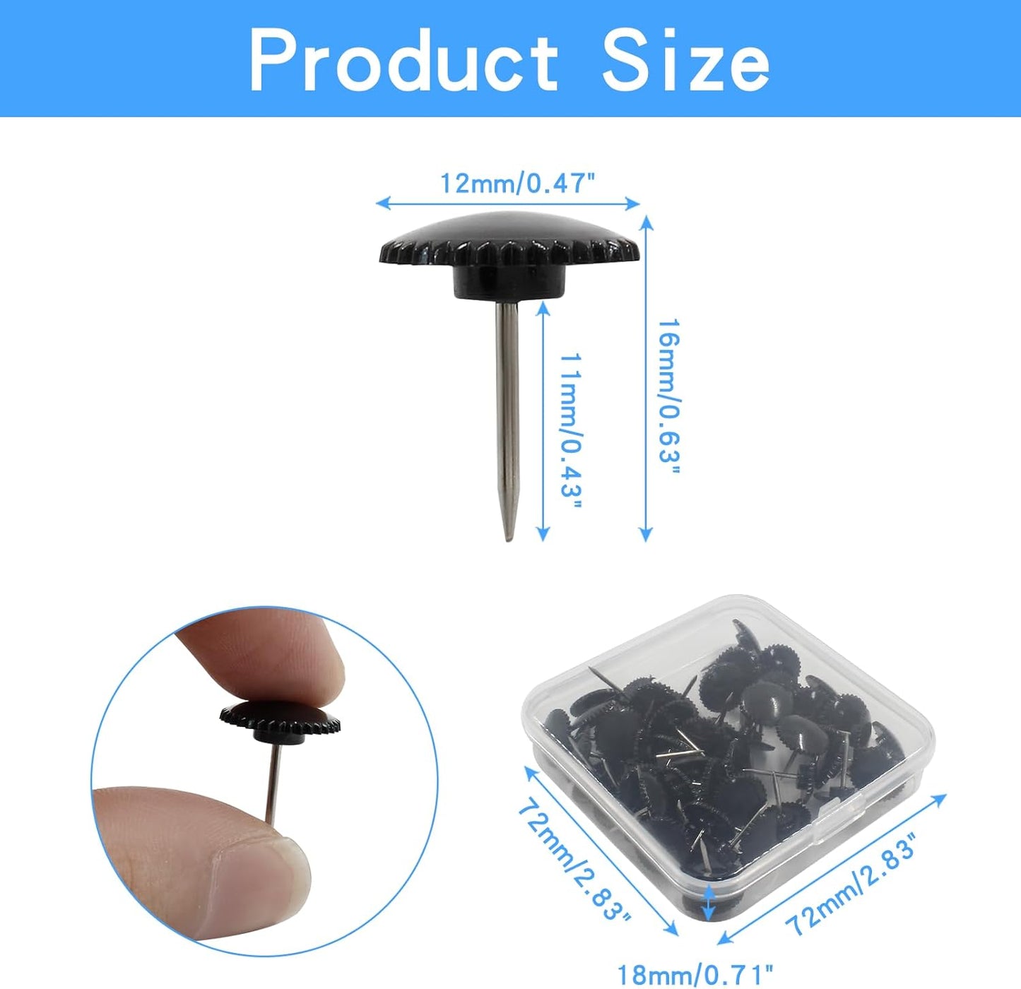 Piutouyar 50 Pcs Black Push Pins, Plastic Thumb Tacks for Wall Hanging, Flat Head and Steel Point Push Pins Wall Tacks Thumbtacks for Furniture Cork Board DIY Projects or Home Decor