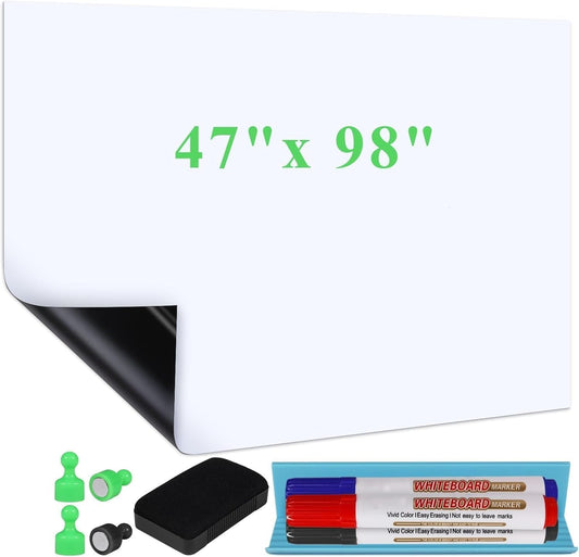 White Board Sticker Adhesive Backing, 47" x 98" Magnetic Dry Erase Board Contact Paper Stick on Wall, Whiteboard Sheet for Teacher Kids Classroom, Include Markers, Eraser with Magnet