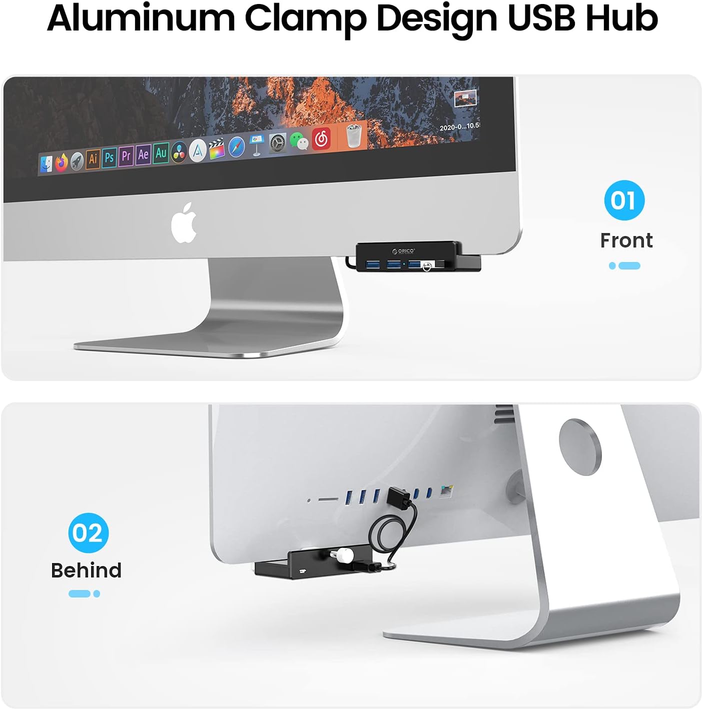 ORICO USB 3.0 Hub, USB Hub Clamp, Aluminum 4-Port USB Splitter with Extra Power Supply Port and 4.92 FT USB Data Cable, Desktop Powered USB Hub for Monitors/Desks-Black (Without Power Adapter)