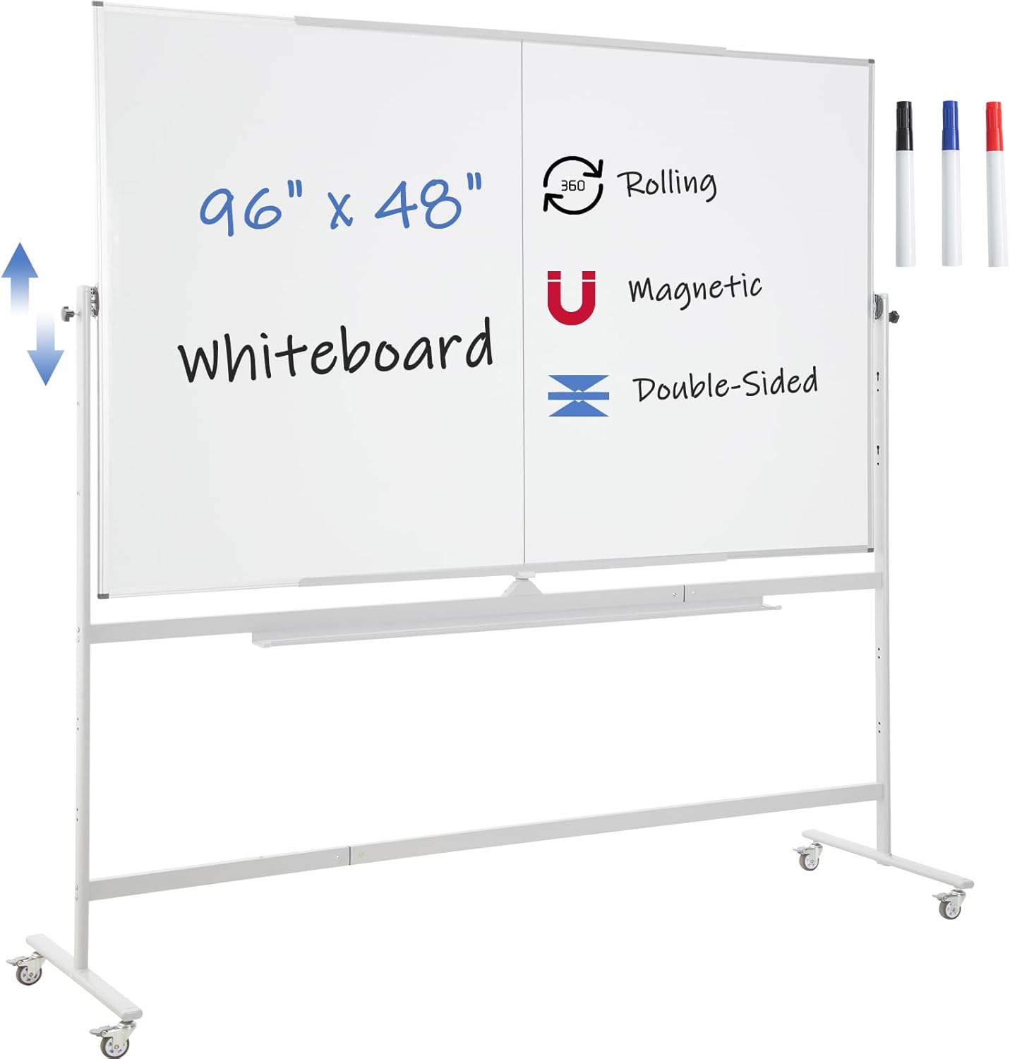 FORTUNO Large Magnetic Mobile Whiteboard 96"x48", Rolling Double Sided Stand Whiteboard on Wheels, Reversible Adjustable Height/Angle Dry Erase Board 8' x 4' Easel White Board for Office Classroom