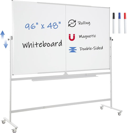 FORTUNO Large Magnetic Mobile Whiteboard 96"x48", Rolling Double Sided Stand Whiteboard on Wheels, Reversible Adjustable Height/Angle Dry Erase Board 8' x 4' Easel White Board for Office Classroom