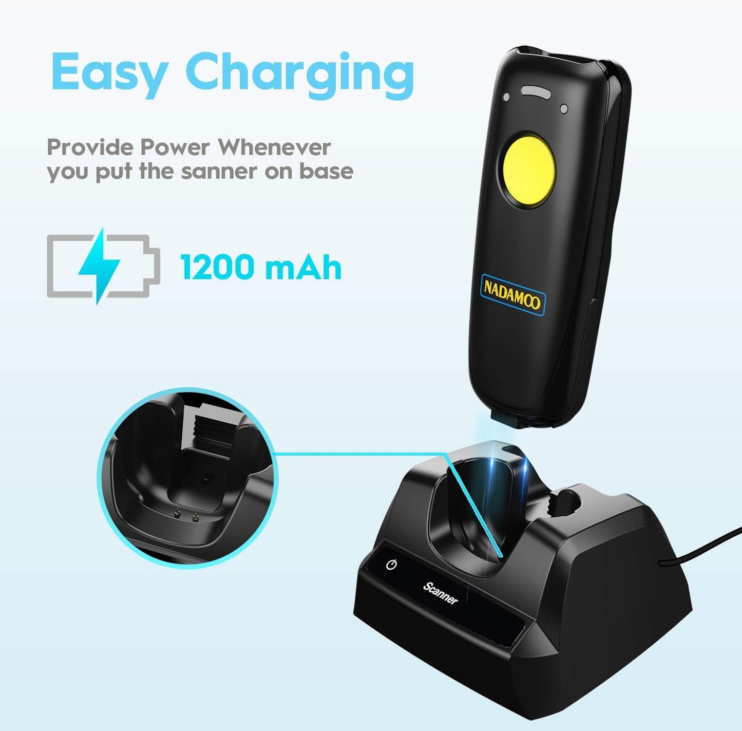 NADAMOO 2D Wireless Barcode Scanner Compatible with Bluetooth, Portable USB 1D 2D QR Code Scanner for Inventory, Bar Code Image Reader for Tablet iPhone iPad Android iOS PC POS, with Charging Dock