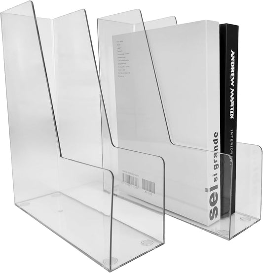 Vertical File Holder, 2 Pack Plastic Document Organizer and Clear Magazine Holder, Multi-purpose for Home Office (Clear)