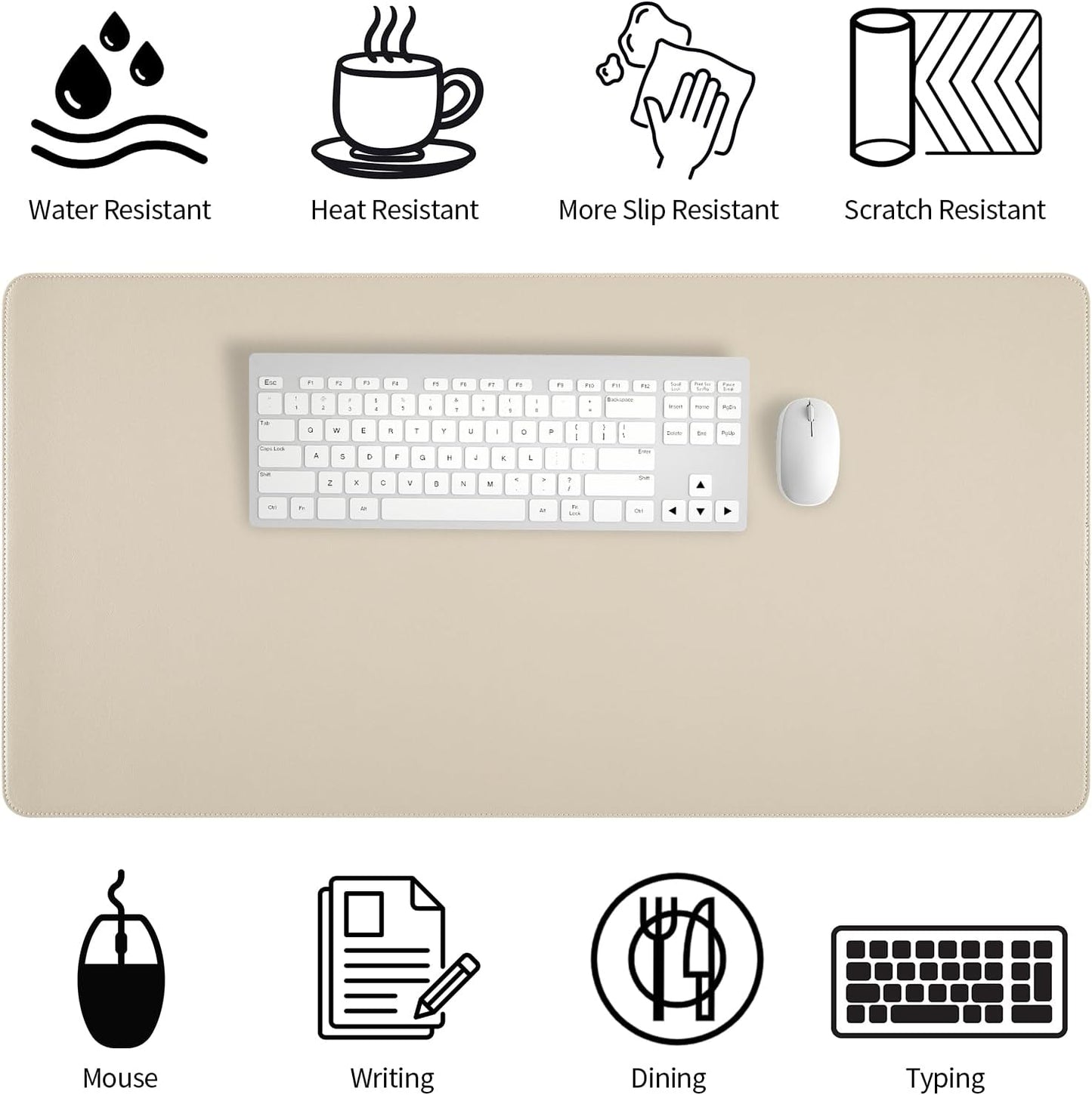 Beige Desk Mat with Stitched Edges, 31.5"×15.7" Keyboard Pad, Non-Slip Desk Protector Mat, Leather Desk Blotter, Waterproof Desk Pad for Office Home Decor
