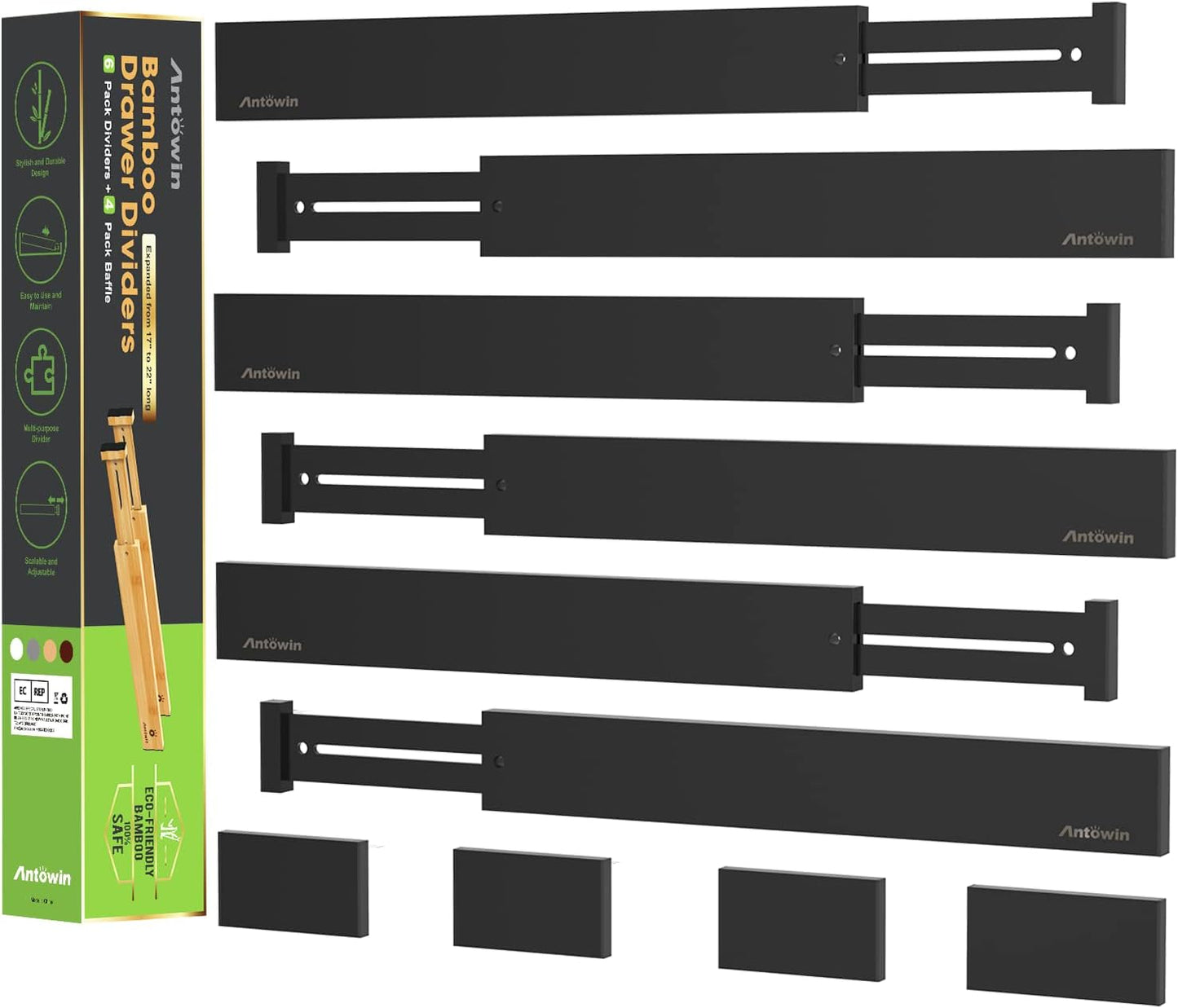 ANTOWIN 10pack Bamboo Drawer Dividers, Expandable Drawer Separators Splitter, 17-22 inches Adjustable Spring-loaded Organizer for Large Utensil, Clothes, Tools Drawers(Black)