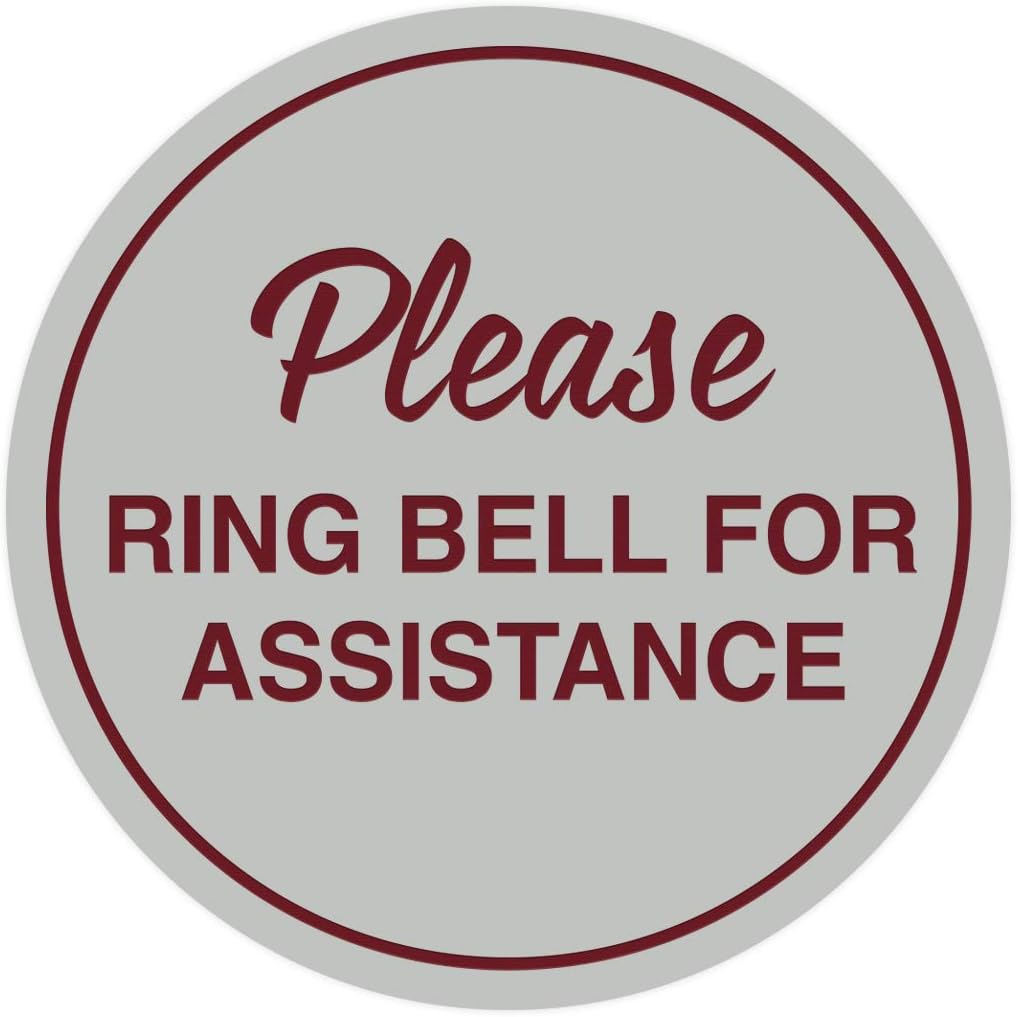 Signs ByLITA Circle Please Ring Bell For Assistance Wall or Door Sign | Easy Installation | Front Desk Reception Sign (Light Grey/Burgundy) - Small (1 Pack)