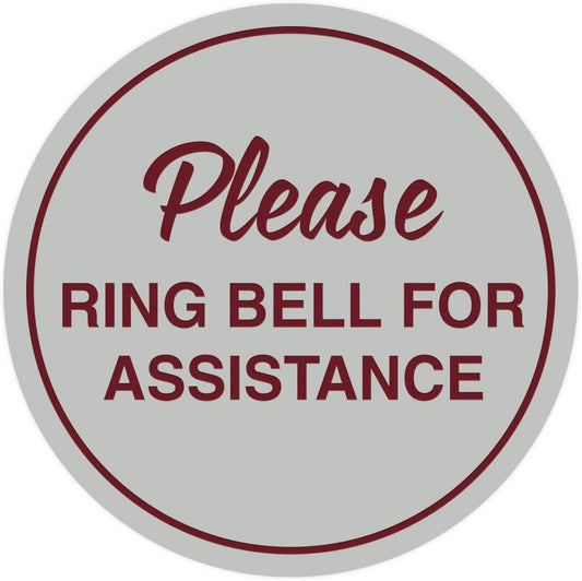Signs ByLITA Circle Please Ring Bell For Assistance Wall or Door Sign | Easy Installation | Front Desk Reception Sign (Light Grey/Burgundy) - Small (2 Pack)