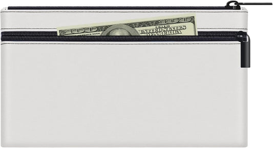HAUTOCO Money Bag with Zipper 11x6.1 inch Money Pouch with Lined PU Leather Bank Bag Two Pockets Utility Wallet for Cash Check Receipt Coins Cosmetics, White