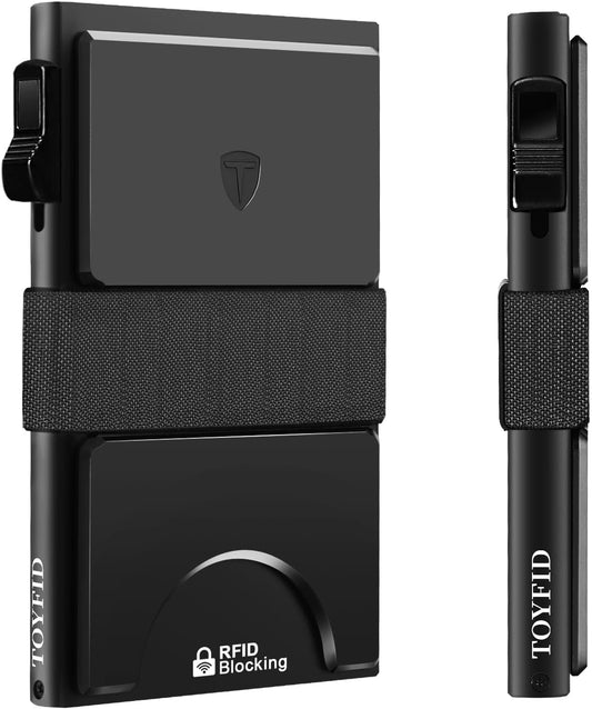 Slim Wallet for Men,Black RFID Blocking Card Holder with Expandable Backplate Money Clip & ID Window Quick Access Minimalist Metal Pop Up Wallet,Holds 12+ Credit Cards/Passport/ID Cards