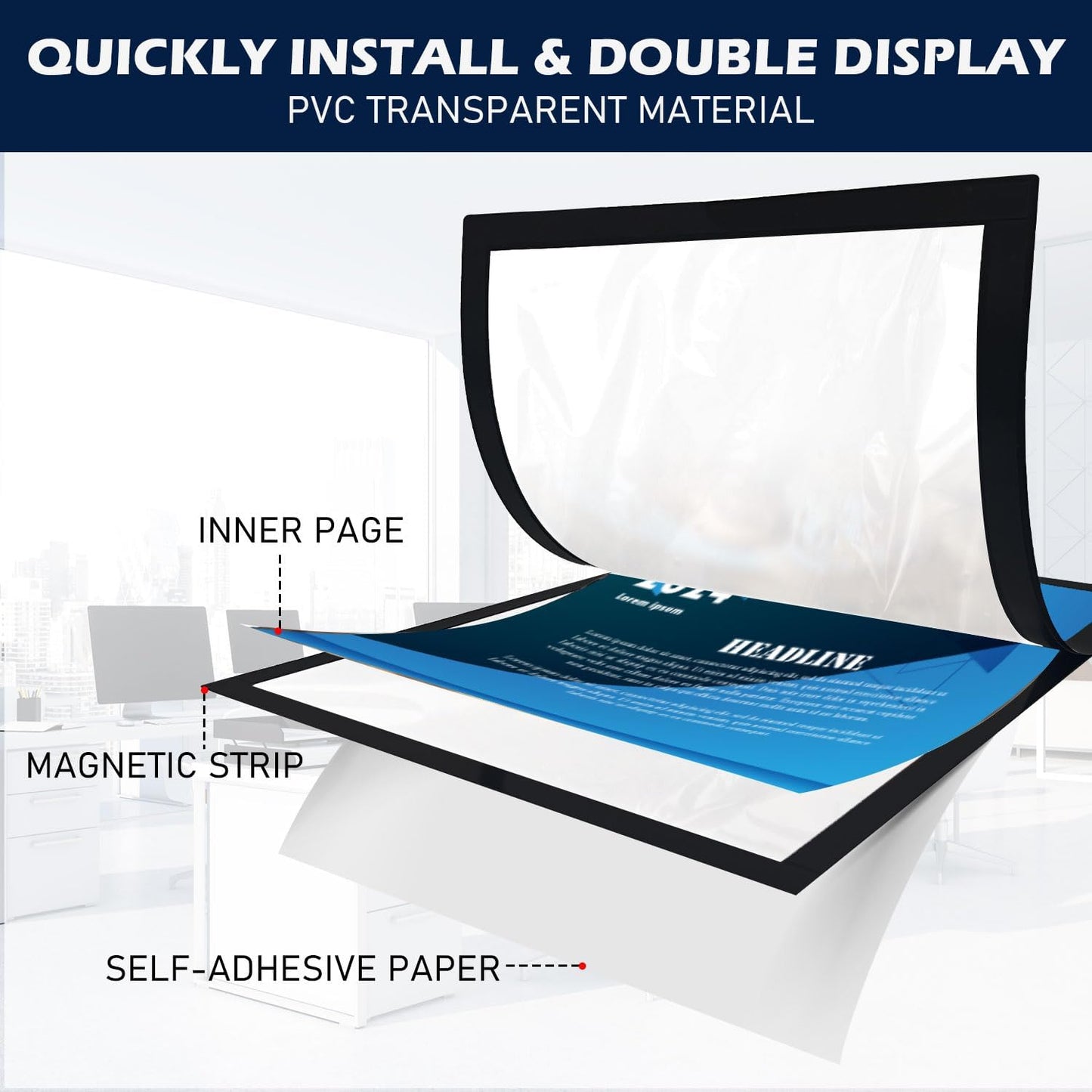 Magnetic Sign Holder - 8.5×11" Wall Mounted Self-Adhesive Magnetic Paper Holder,Transparent Wall Display Frame with Black Edge,Suitable for Office, Store, Mall, Home (6pack)