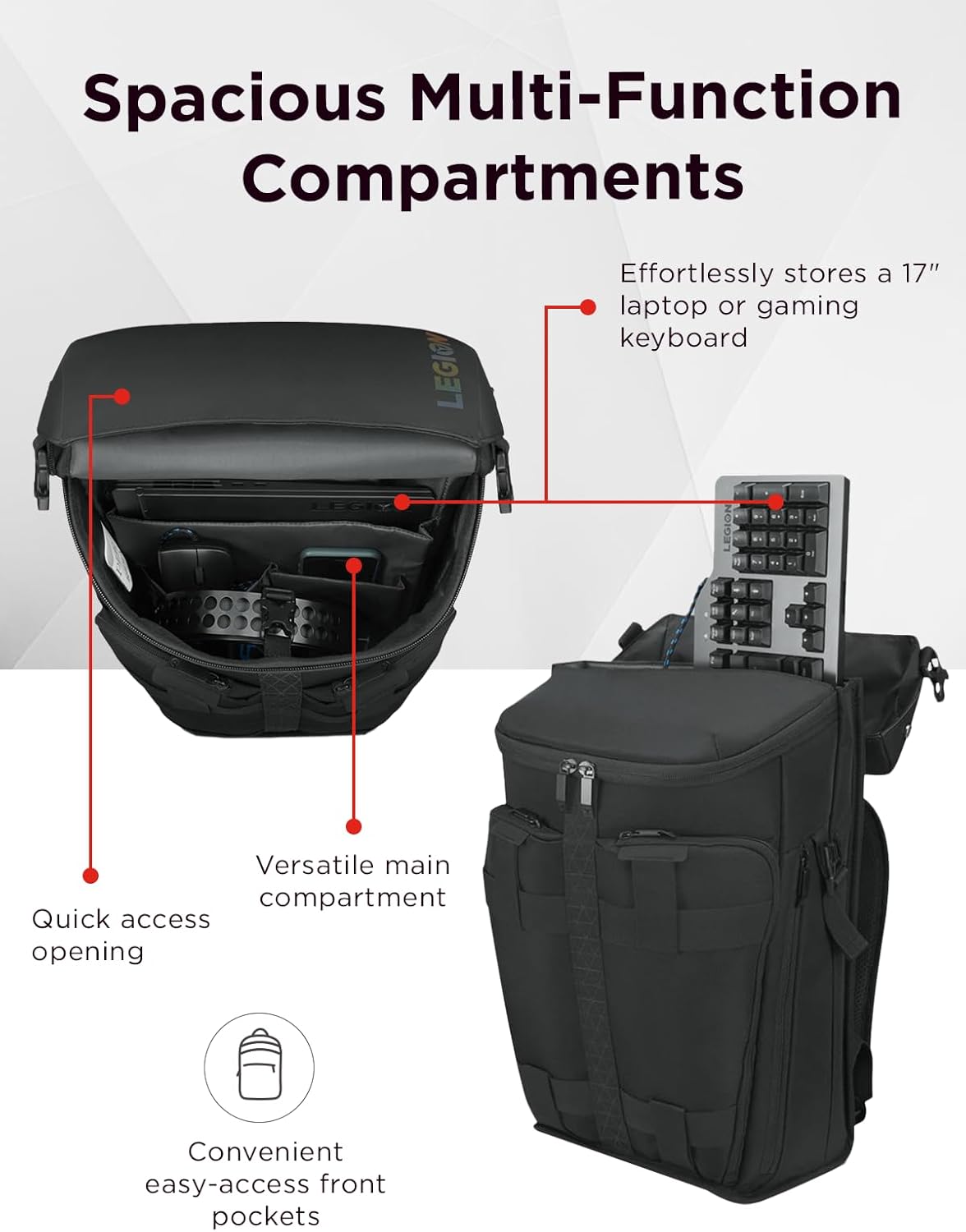 Lenovo Legion Active 17-inch Gaming Backpack - Black - Laptop Compartment - Durable & Water Resistant - Water Bottle Pocket