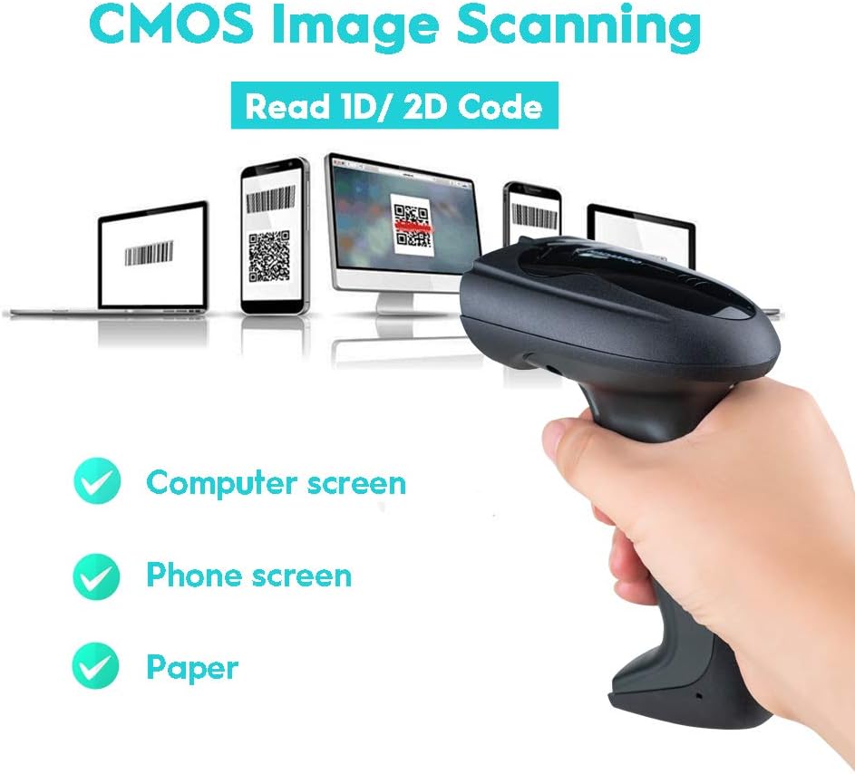 NADAMOO Wireless Barcode Scanner with Cradle, 2D Cordless Bar Code Reader 400m Transmission Distance CMOS Imager Read 1D, 2D, QR Code, Data Matrix, PDF417 for Windows Mac Linux
