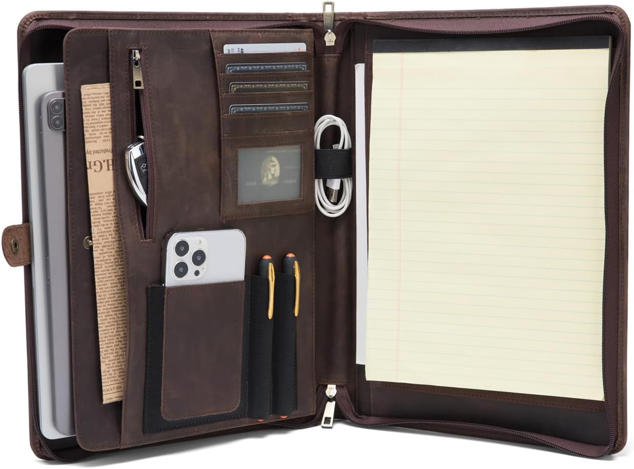 Personalized Genuine Leather Portfolio, Legal Size 8.5 x 14 Pad Holder, Custom Engraved Business Padfolio for Men Women, Zippered Laptop Organizer, Professional Notepad Folio, Dark Khaki