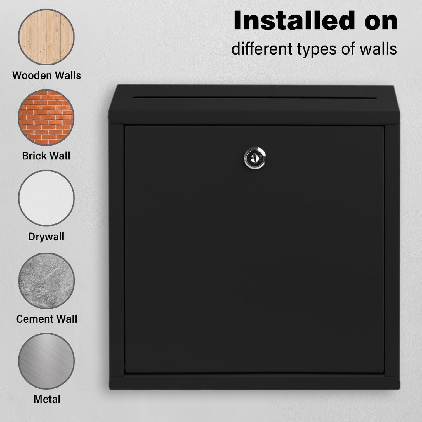 Suggestion Box with Lock and Slot, Wall Mounted Metal Drop Box with 4 Keys, Secure Locking Box for Cash and Ballots, Office Mailbox, 10.4 x 2.9 x 11 Inch, Black