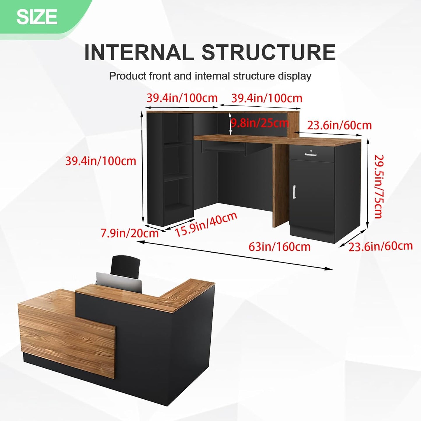 Modern Reception Desk with Counter and Drawer Office Front Desk with Cabinet Wooden Commercial Reception Table Checkout Counter for Retail Salon Lobby Black and Wood Left 63inch/160cm