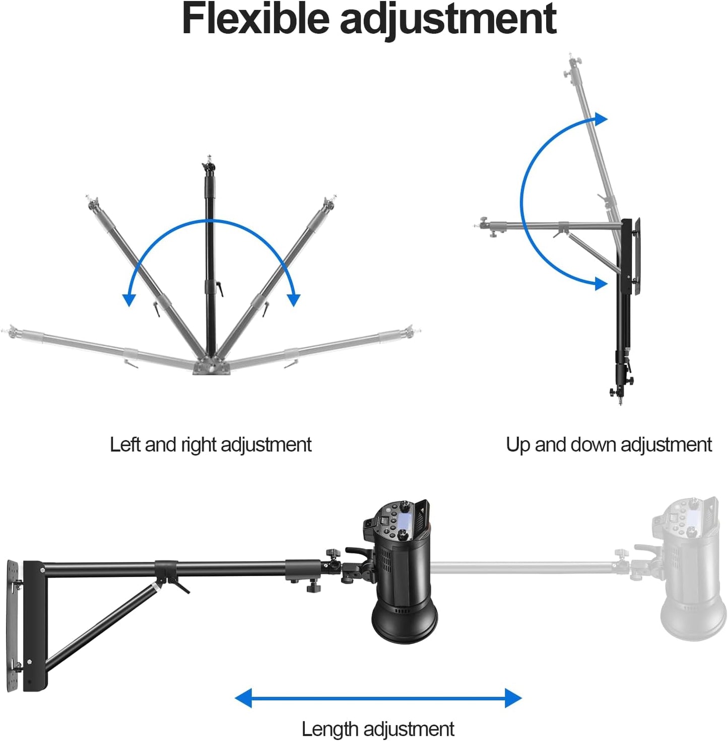 Wellmaking Wall Mount Triangle Boom Arm 53inch/135cm Length Adjustable Support 180° Flexible Rotation, Up to 4.26ft. With Tilt Adapter Light Stand with Standard 1/4 to 3/8 Metal Male Screw Photography