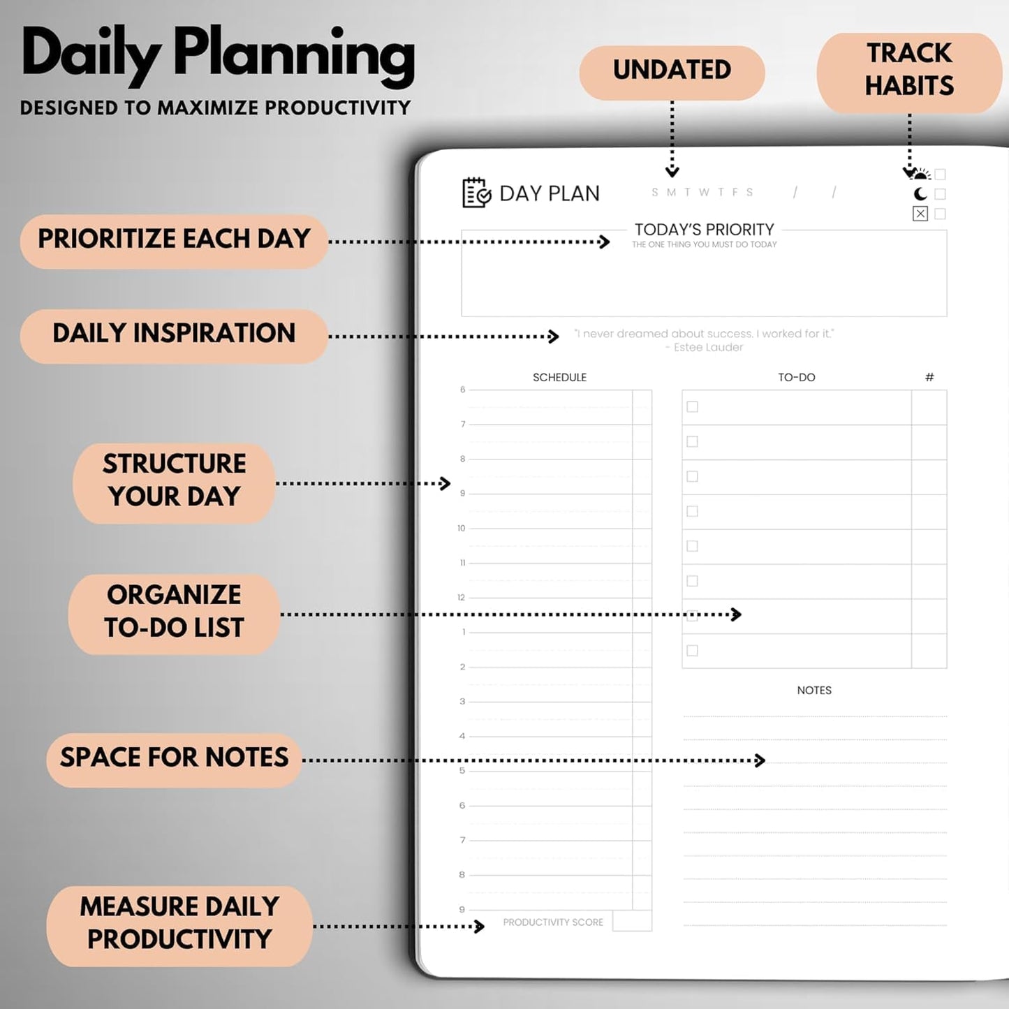 Undated Daily Planner – 3-Month A5 Productivity Organizer with Full Page Per Day, Hourly Schedule, Goal Setting, Habit Tracker, Weekly & Monthly Pages – Hardcover Time Management Notebook (Rose Gold)