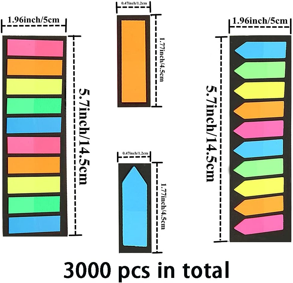 3000 Pieces Neon Page Markers Sticky Index Tabs, Colored Index Tab Flags, Fluorescen Sticker Tabs Note for Books, 12 Sets 2 Designs