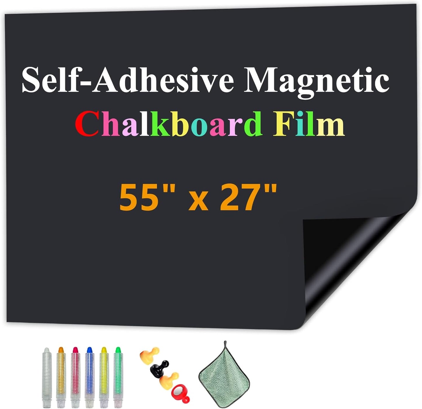 Magnetic Chalkboard Contact Paper with Adhesive, 55" x 27" Magnetic Blackboard Film for Walls, Peel and Stick – Ideal for Office, Classroom, Home. Includes Dustless Chalk, Wiping Cloth, and Magnet