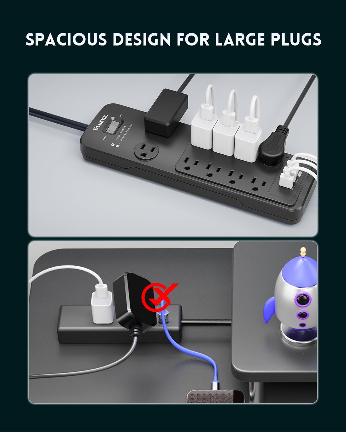 Surge Protector Power Strip 20FT, PLUGTUL Surge Protector with 10 Outlets - Spacious Design for Large Plugs, Flat Plug, 20W USB C Charging for Home, Office, ETL Listed, 2040J