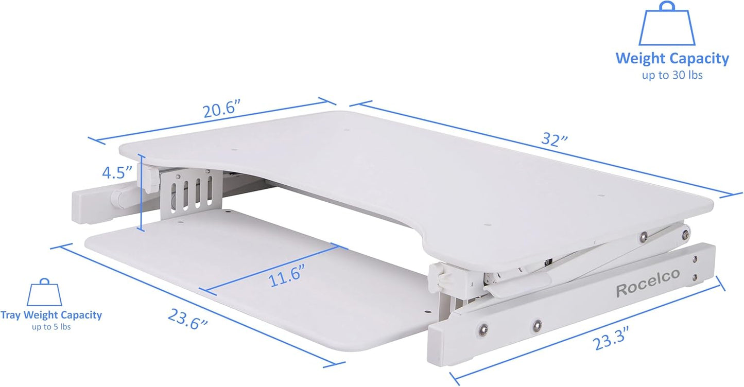 Rocelco 32" Height Adjustable Standing Desk Converter - Quick Sit Stand Up Dual Monitor Riser - Gas Spring Assist Tabletop Computer Workstation - Large Retractable Keyboard Tray - White (R ADRW)