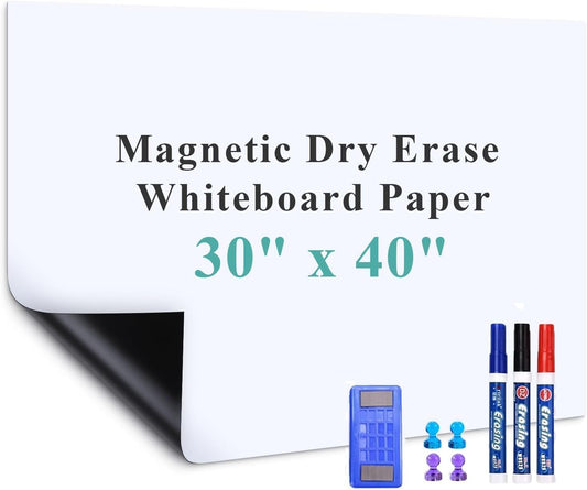 Magnetic Dry Erase Whiteboard Paper, 40" x 30" Adhesive White Board Roll for Wall, Easy to Write and Clean Dry Erase Magnetic Board for Kids, Office, Home, with Marker, Eraser and Magnets