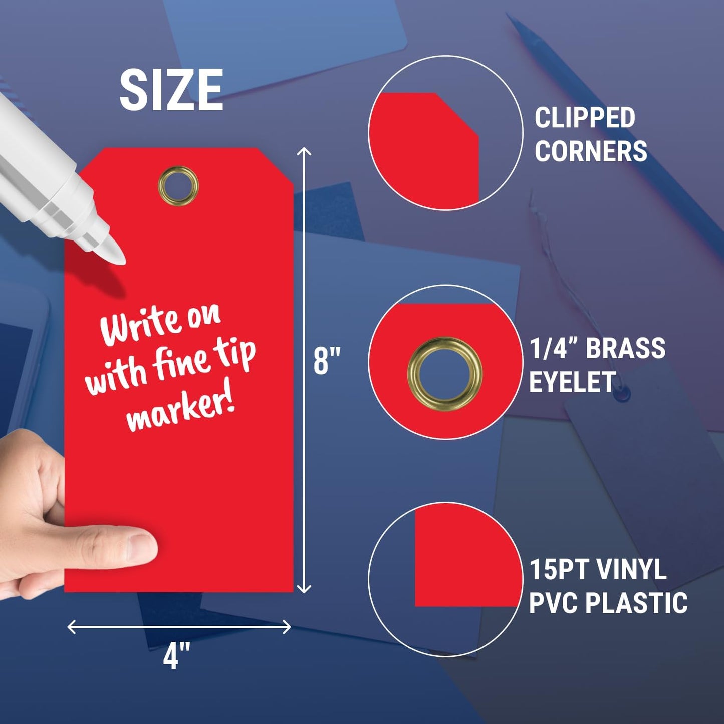 Tags 4 Less 15 Mil Waterproof Plastic Tags, Pack of 100 – 4” x 8” Heavy Duty Plastic Tags for Labeling, Outdoor Tagging, Equipment Labeling, Luggage, Valves & More (Red)