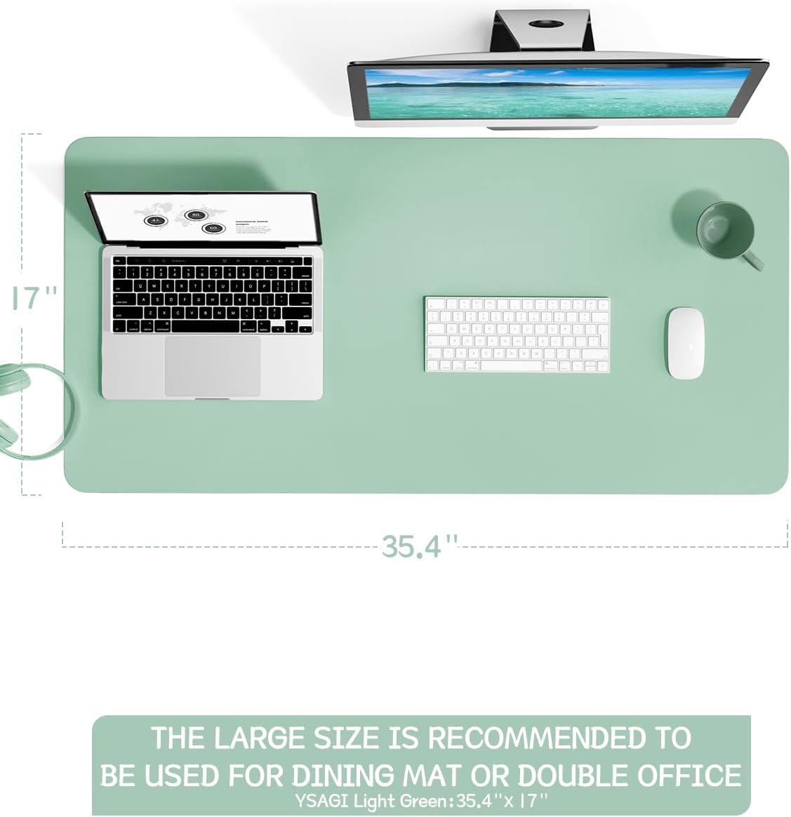 YSAGi Non-Slip Leather Desk Pad L Size, Waterproof Laptop Computer Desk Keyboard Mat, Table Protector Blotter Mat, Large Mouse Pad for Office/Work/Home/Decor(Pale Green, 35.4" x 17")