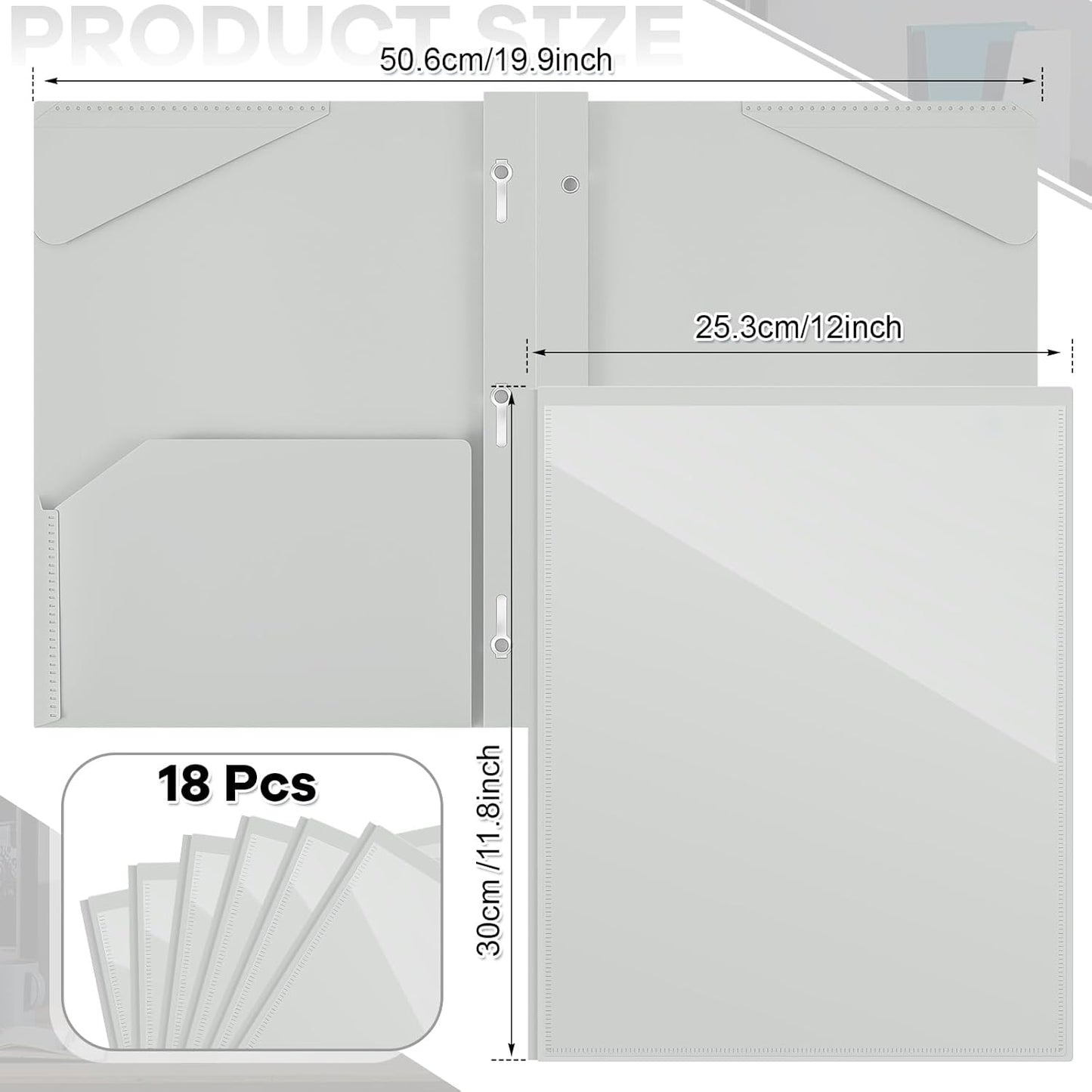 Henoyso 18 Pcs Plastic Folder with Clear Front Pocket and 3 Prong Plastic Folders with Card Slot Pocket Folders with Prongs for School Office (Gray White)