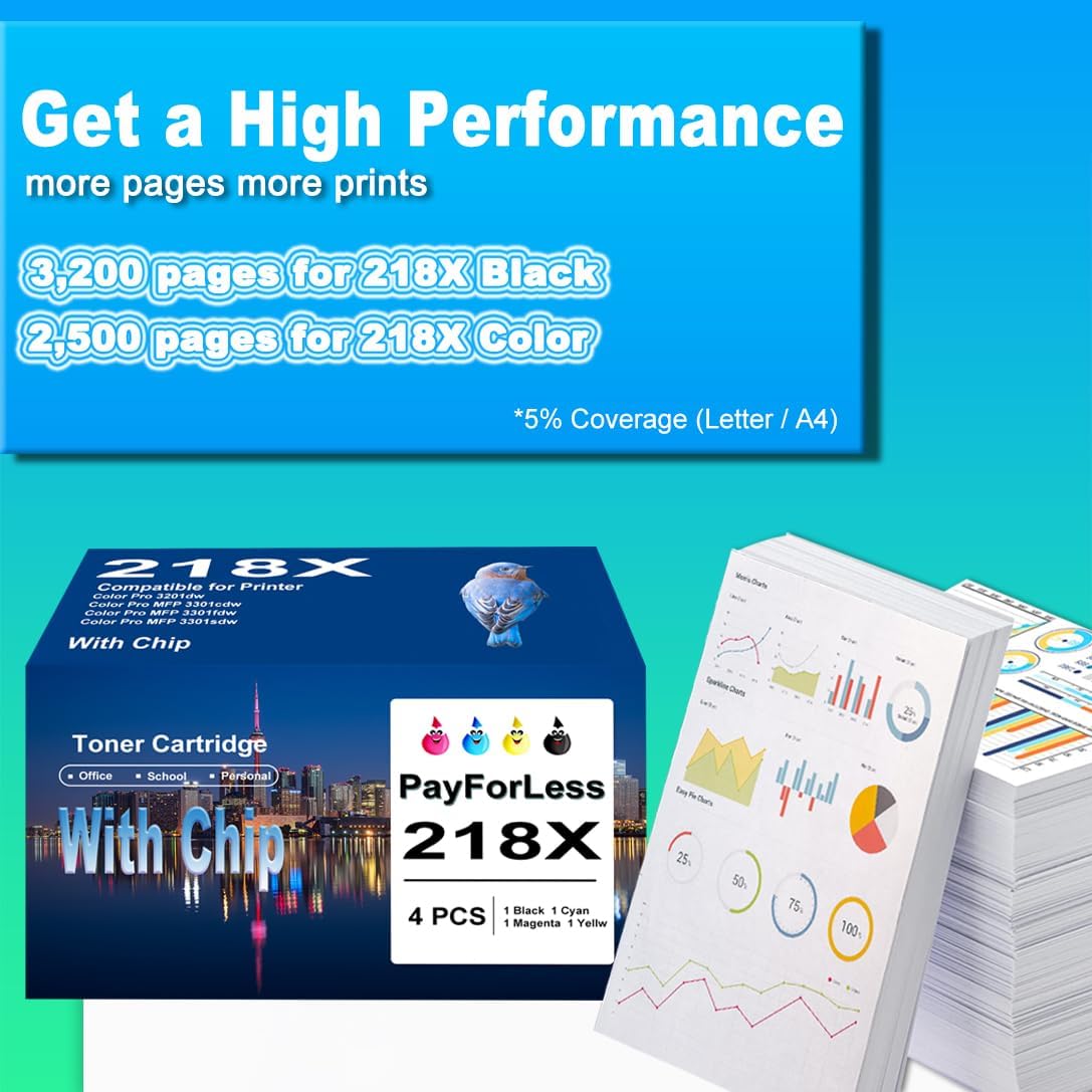 218X Toner Cartridges 4 Pack 3301fdw with Chip Compatible for HP 218X 218A High Yield Works with Color Laserjet Pro 3201dw MFP 3301 Series 3301fdw 3301sdw 3301cdw W2180X W2180A Printer