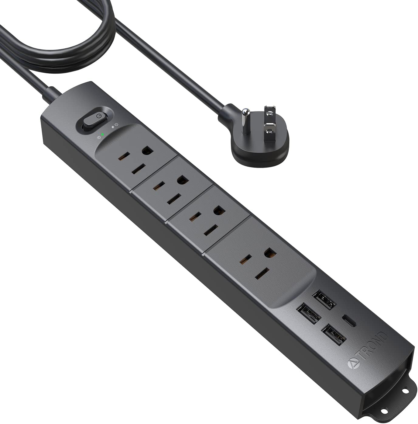 TROND Surge Protector Power Strip with USB, Ultra Thin Flat Plug 10ft Long Extension Cord 1625W, 3 USB A & 1 Type C, 4 AC Outlets 1440J Surge Protection Wall Mount for Home Office Dorm Room, Black