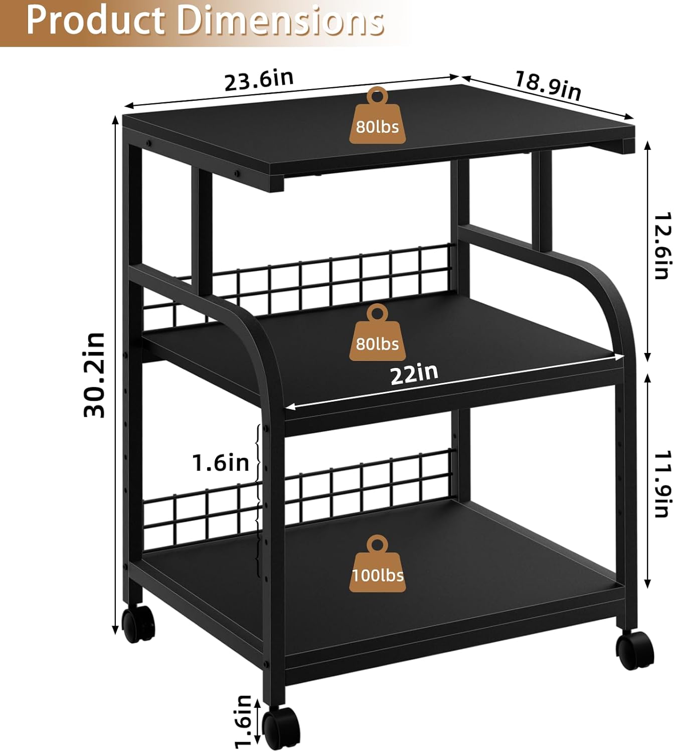 Lerliuo Large Printer Stand with Storage, 23.6"W x 18.9"D x 30.2"H, 5-Adjustable Shelf Heights Mobile 3 Tier Table with Lockable Wheels, Industrial Rolling Printer Cart, Black Stands for Home Office