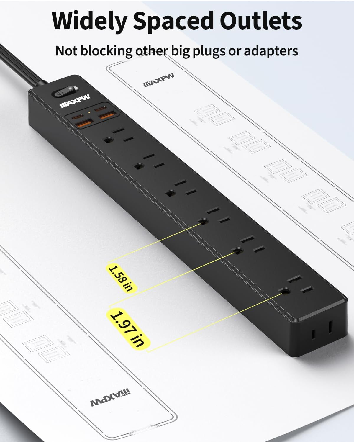 2 Pack Power Strip Surge Protector - 7 Outlets 4 USB Ports (2 USB C), Maxpw 10 Ft Ultra Thin Flat Plug Extension Cord, 1875W/15A, 1700 Joules, Wall Mount for Home Office Dorm, Black