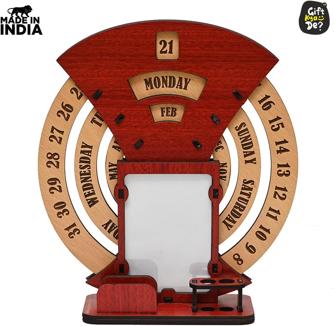 GKD Wooden Desk/Table Calendar to Lifetime Infinite Calendar 2025 with Desk Organizer and Photo Frame for Office/Home (‎Red)