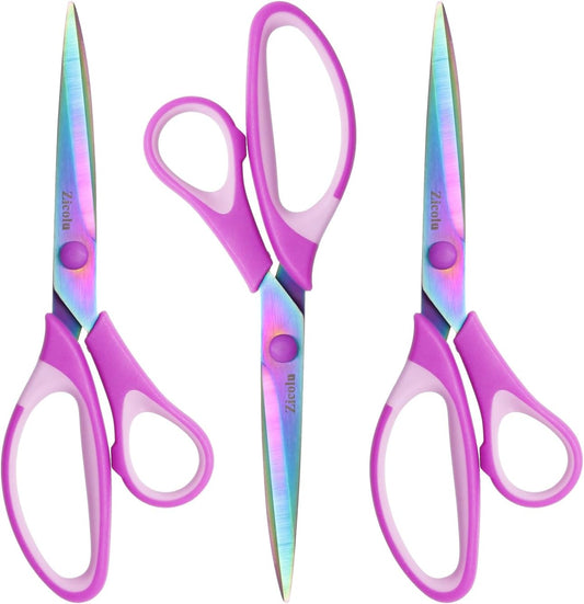 8.5" Scissors All Purpose, Multipurpose Office Scissors Set of 3 pack, sharp Titanium Coating Blade and Soft Comfort-Grip Sturdy Scissors for Fabric School Craft Sewing Home, Right/Left Handed, Purple