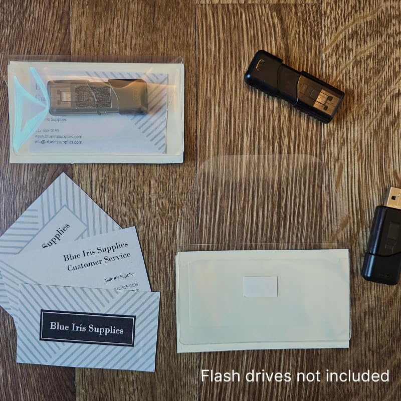 Business Card Pocket - Flash Drive Pocket - Self Adhesive - Open Long - Resealable Flap - BIS10130 (50-Pack), Clear