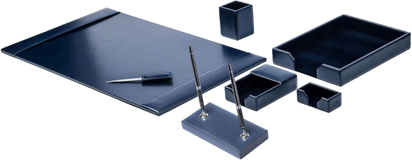 Dacasso Bonded Set Luxury Leather Desk Pad & Desk Organization Essentials, 7 Piece, Navy Blue