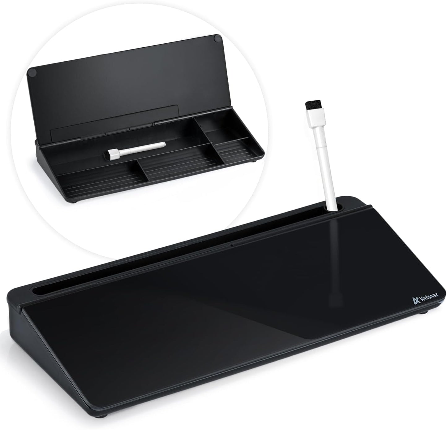 Varhomax Desktop Whiteboard with Storage, Desk Organizer Dry Erase Glass White Board to-do List Memo Notepad for Home Office and School Supplies (Black)