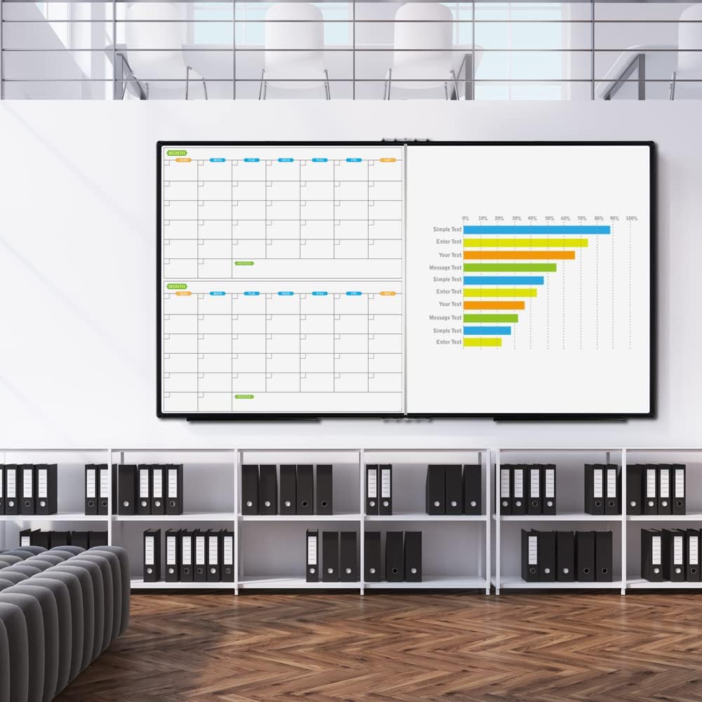 JILoffice Magnetic Foldable Dry Erase Calendar Whiteboard Combo, 2 Month Calendar Board & White Board 72 X 40 Inch, Black Aluminum Frame Wall Mounted Board for Office Home and School
