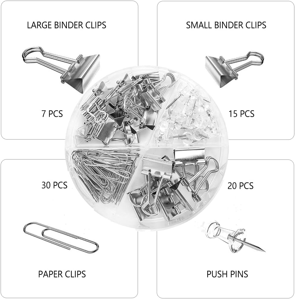 Silver Binder Clips and Paper Clips Push Pins Tacks Sets, Total 72 PCS Assorted Sizes Office Supplies Set for Women, Student, School, Home & Desk Supplies