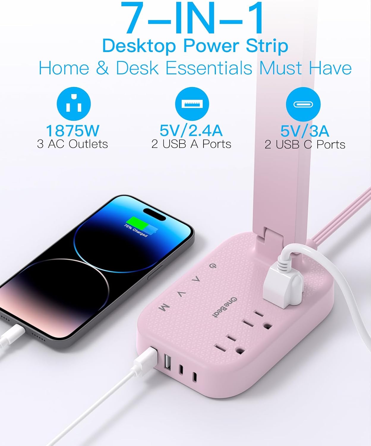 Dorm Room Essentials for Girls, Pink Power Strip with LED Desk Lamp, 3 Outlets 4 USB Ports, 4 Modes 5 Level Touch Lamp Small Desk Lamp for Home Office Bedroom Study Reading Light, 5ft Extension Cord