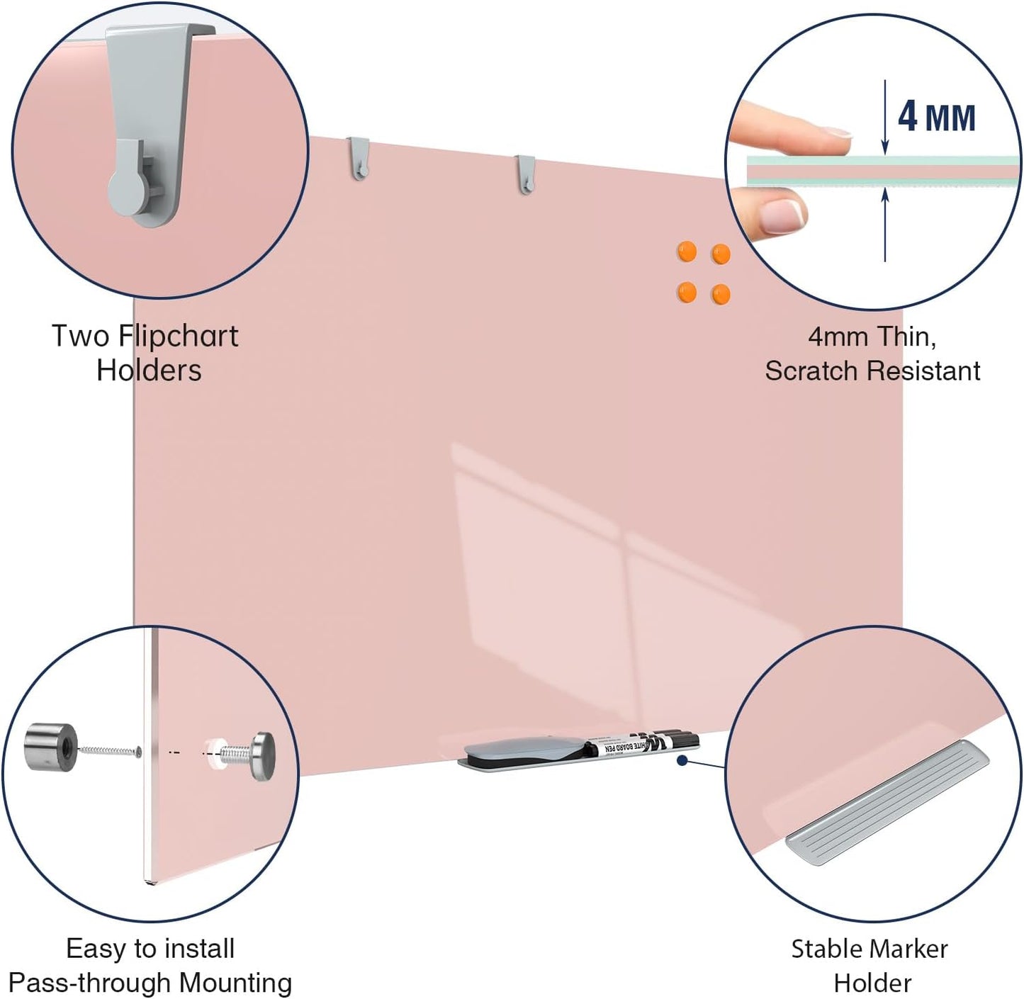 TSJ OFFICE Glass Dry-Erase Board - 36 x 24 Inches Wall Mounted Magnetic Whiteboard, Large Frameless Glass White Board for Office, Home & School, Pink