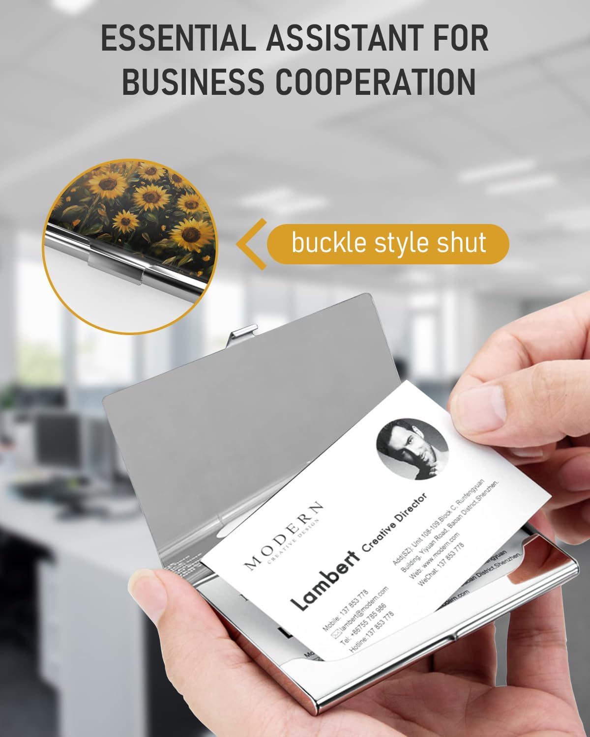 Business Card Metal Slim Organizer, Professional Stainless Steel Square Pocket Wallet for Office Workers, Compact and Portable for Pockets (Sunflower Cat A)