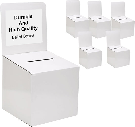 Ballot Box for Suggestions Donations Raffles White Glossy Display insert Cardboard Boxes in Medium Size 6x6x6 inches with Slot for Tickets and More