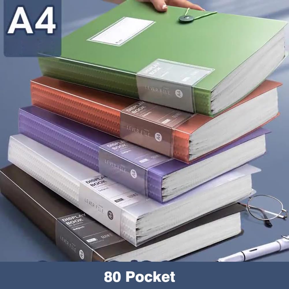 A4 80 Pockets 160/Sides Display Book Paper Document Holder, Business Presentation Book Presentation Folder (80 Pockets Transparent Purple)
