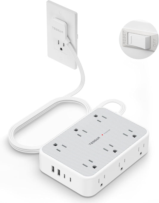 TESSAN Extension Cord 10 ft Surge Protector Power Strip, 12 Outlet Extender with 4 USB (2 USB C), 1800 Joules Protection, Flat Plug, Flat Extension Cord with Multiple Outlets, for Home, Office, Dorm