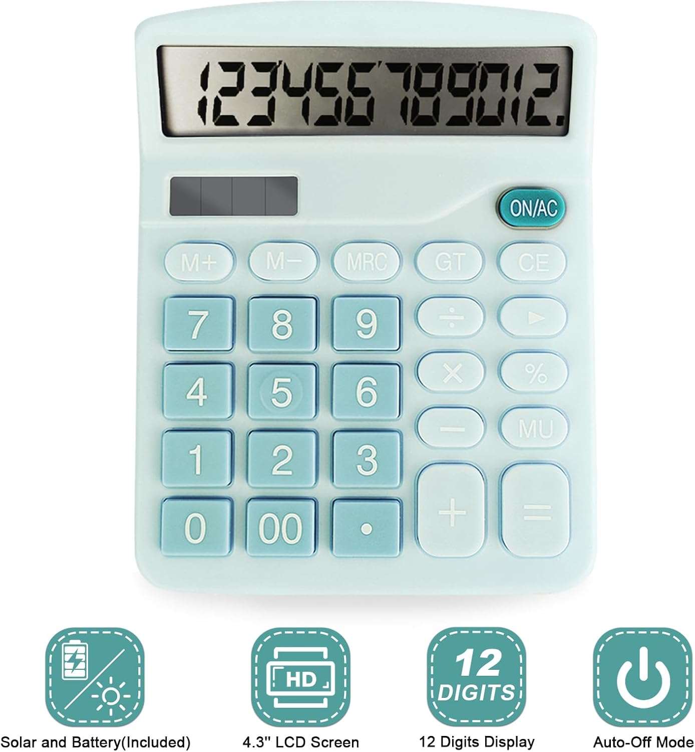 Basic Calculator with Comfortable Large LCD Display, 12 Digits Calculators Desktop, Tilt Screen, Big Button, Desk Calculator with Dual Power (Solar & Battery Included) (Blue)