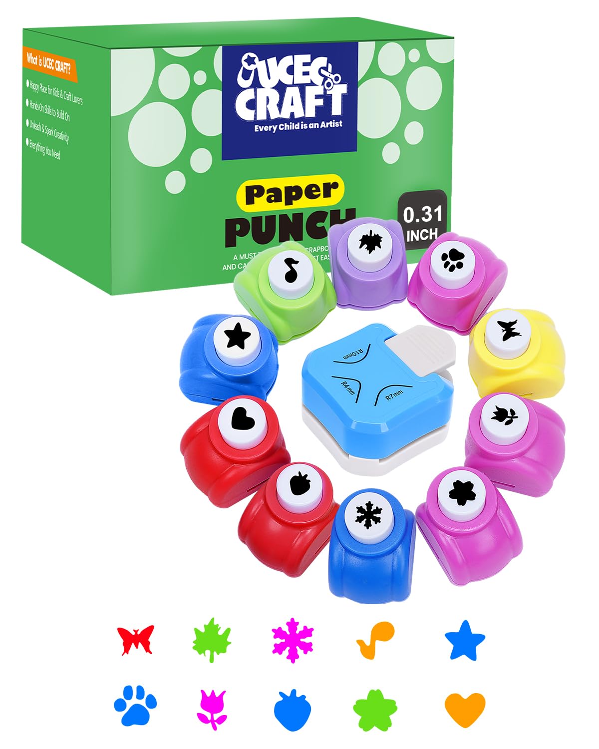 UCEC 3-in-1 Corner Rounder Punch and 10PCS Mini Shape Punches Set, Blue Paper Corner Cutter with 4mm/7mm/10mm Radius, Design Hole Puncher for Scrapbooking, Card Making, Stamp, Teachers and Kids Crafts