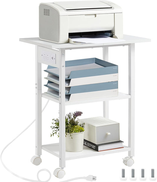 Lerliuo 3-Tier Printer Stand with Charging Station, Industrial Mobile Printer Table with Storage Shelf and Steel Frame, Rolling Printer Cart Holder with Lockable Wheels for Home, Office (White)