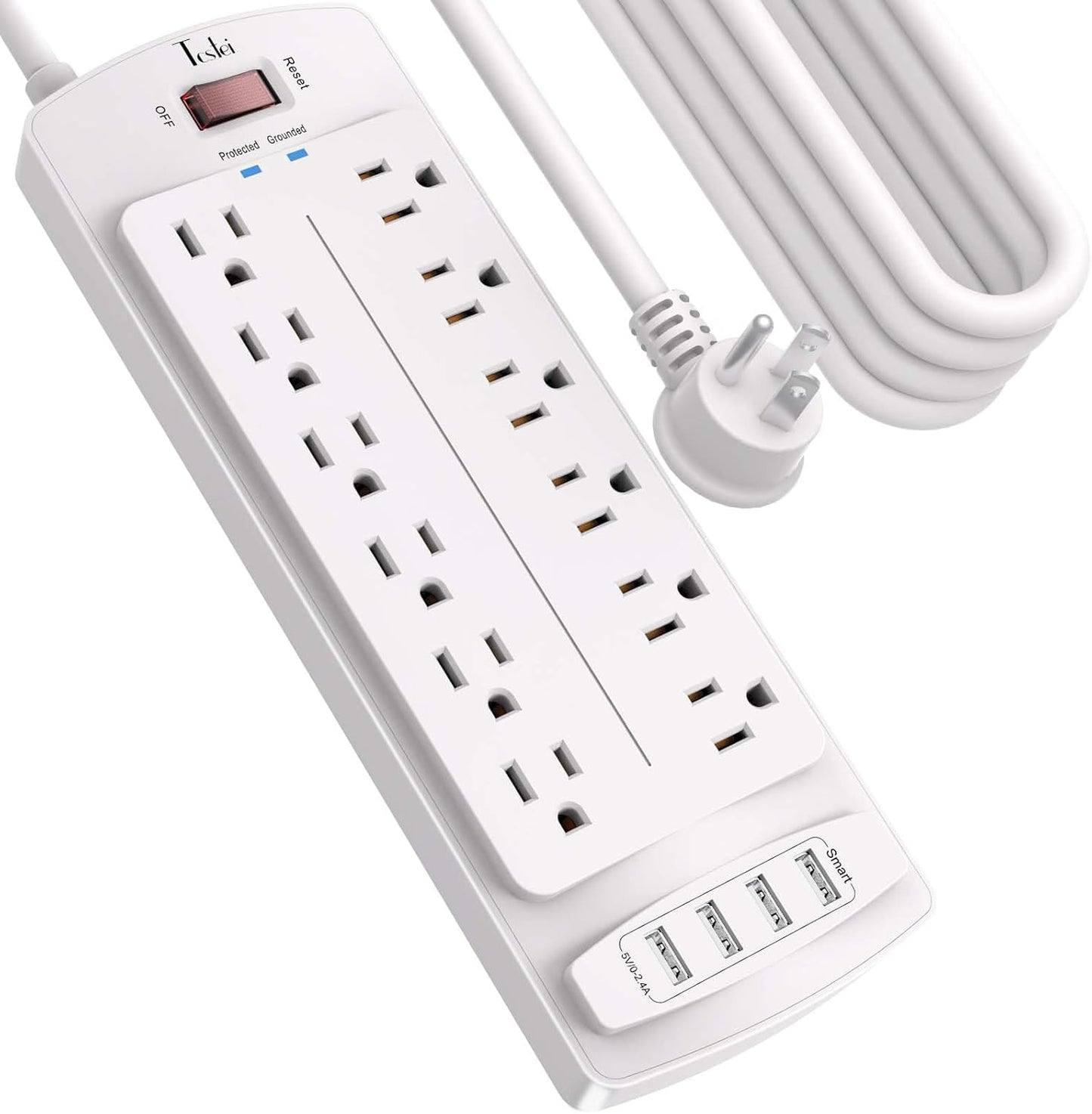 Power Strip, Tcstei Surge Protector with 12 Outlets and 4 USB Ports, 20 Feet Extension Cord (1875W/15A) for Home, Office, Dorm Essentials, 2700 Joules, ETL Listed, White